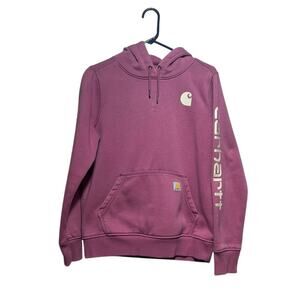 Carhartt Women's Relaxed Fit Logo Sleeve Hoodie Size S Mauve Pink Pullover
